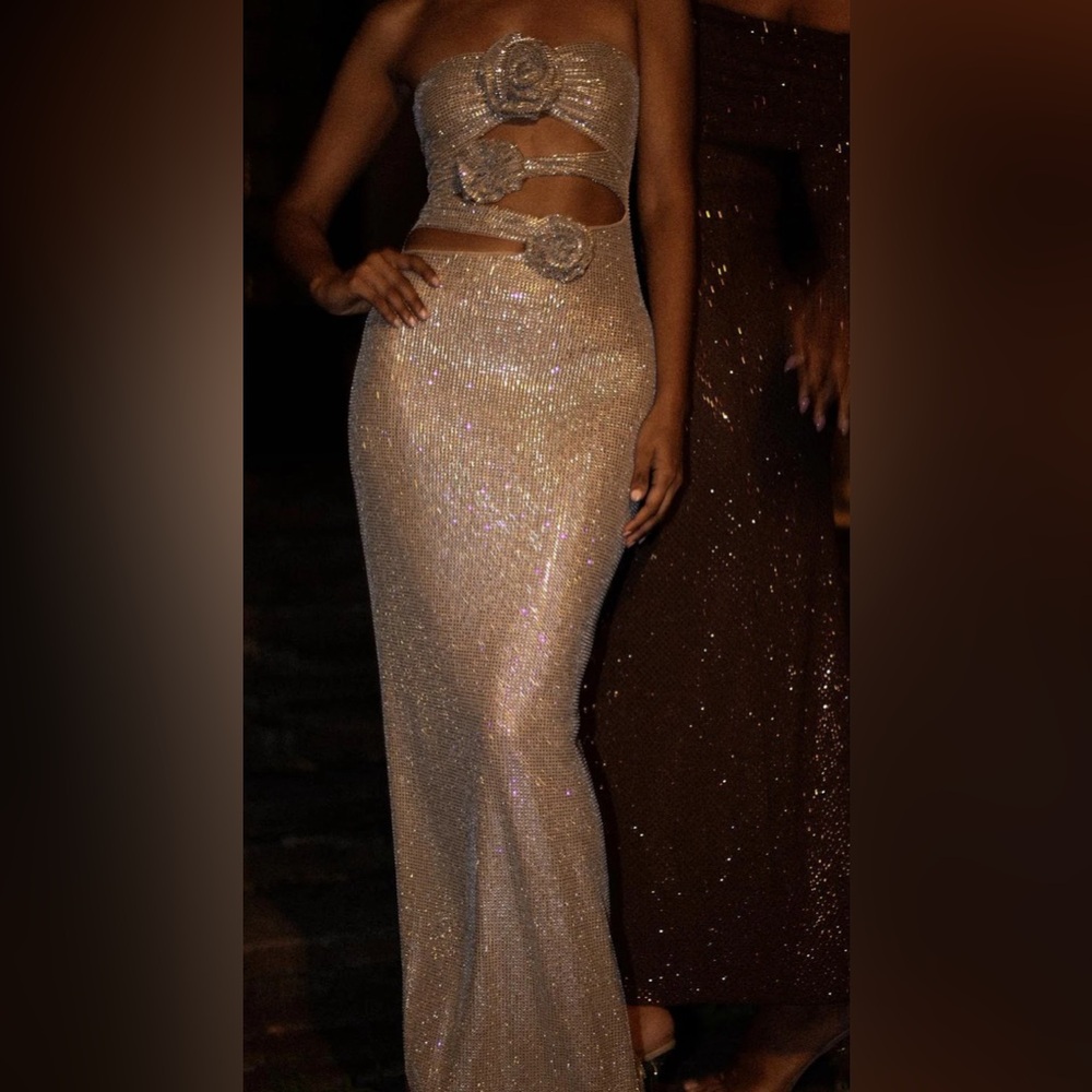 Meshki Stassie Strapless Rose Diamante Maxi Dress - Nude